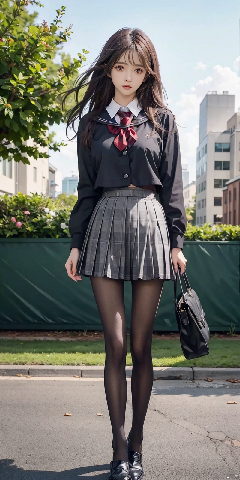  (Good structure),HDR, UHD, 8K, A real person , Highly detailed, best quality, masterpiece, 1girl, realistic, Highly detailed, (EOS R8, 50mm, F1.2, 8K, RAW photo:1.2), ultra realistic 8k cg,outdoor,school,campus,
 full_body,perfect body,shapely body,big boobs,
big breasts,perfect legs,
black ,loafers, plaid skirt, black_footwear,school uniform,,looking_at_viewer,outside,xuner,black ,standing,wangyushan, blackpantyhose
