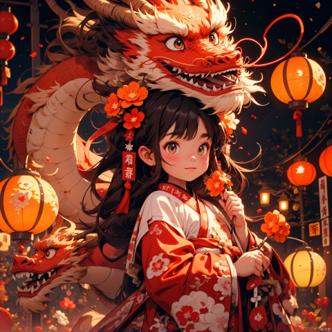 Masterpieces, high-definition art illustrations, Best Quality, New Year&#039;s Eve, fireworks in the night sky, a Red Chinese dragon, little girl carrying Red Lanterns, busy streets, celebrations, wmchahua