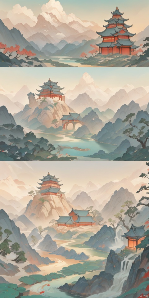  Shen Mengxi's painting "Qianli Jiangshan" depicts a landscape in the style of the Song Dynasty, using meticulous brushwork combined with a touch of freehand brushwork. Among the layered mountains and peaks, pine trees grow, and there is a light green lake with a mirror-like surface. A stone bridge with a pavilion connects two mountains. In the distance, there are continuous far-off mountains and a pale blue sky ((without any clouds)), The setting sun hangs in the sky, creating a captivating scene,claborate-style painting,pixel world,a photo ofshanshuibyjinliang,zydink,风景, zydink,modelshootstyle,国风,山水, ycbh, 3DCalligraphy, Hanama wine