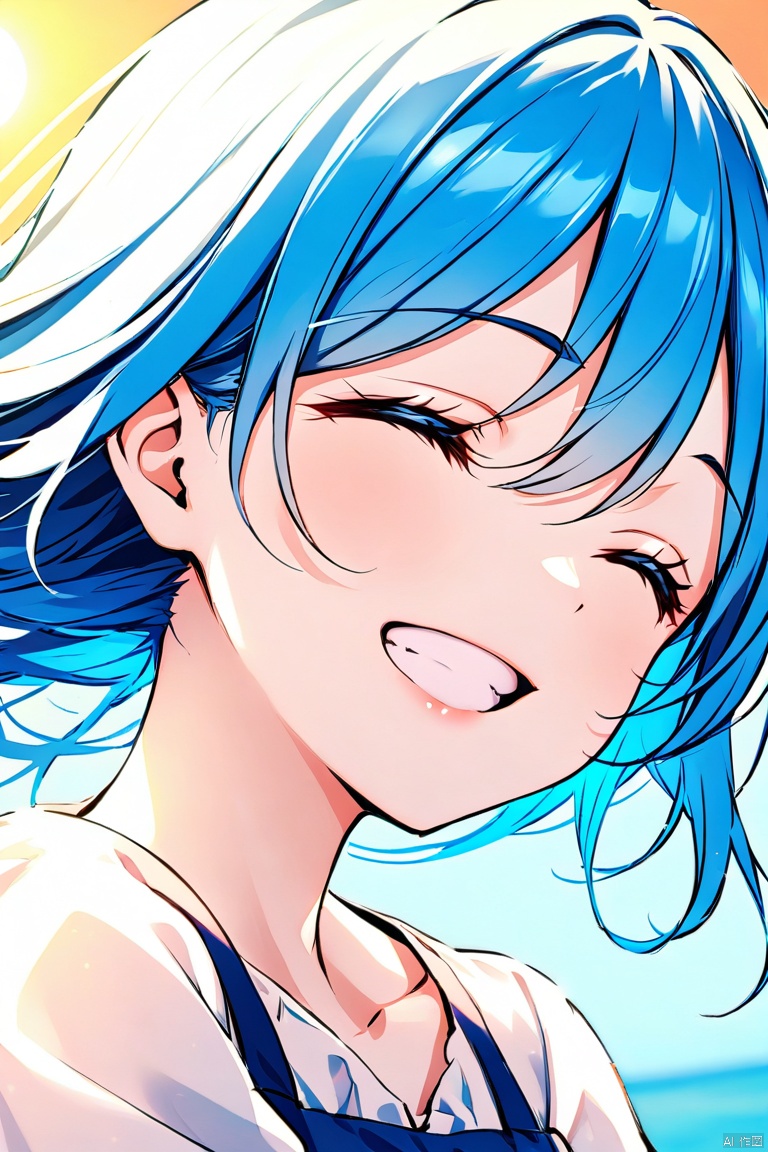 A girl with blue hair smiled happily, her eyes narrowed in laughter, and the sun shone on her hair.