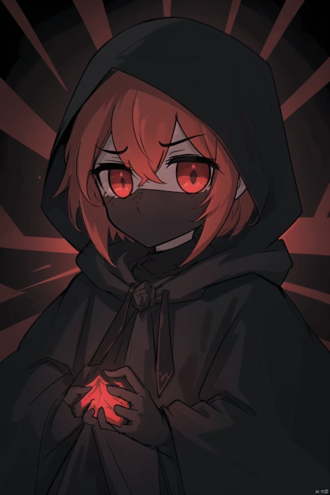  The image showcases a mysterious and enigmatic figure, largely shrouded in darkness. Only the face is partially visible, emerging from the shadows. The figure wears a dark hood, which casts most of the features in deep shadow, adding to the overall ominous atmosphere. The most striking feature is the eyes,they glow a sinister red, cutting through the darkness and directly engaging the viewer. The intense red glow contrasts sharply with the surrounding darkness, creating a powerful and unsettling focal point. The image exudes a sense of foreboding and supernatural energy, suggesting a character with malevolent intentions or dark powers.
, hanasakichu, shota