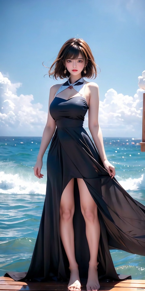 A young, sweet confident girl with black short, neatly cut bob with straight-across bangs. A very petite tiny stature, absolute masterpiece, A long blue dress with large white dots,8k UHD resolution, outside of tavern looking over the ocean. very slim Pretty round young face, very cute, photorealistic, cinema scene, flatchest. Full body portrait. She stands on a large wooden raft with no roof, on the ocean. Among large boats in trouble on a stormy ocean seen in the background. Textured skin, Natural skin, ,
