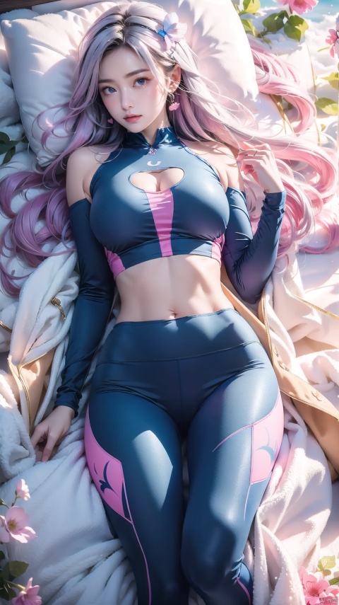  1 girl, (light gray tight yoga suit), multi-color hair, pink hair, butterfly headband, white esports earphones, (snow), full body, lying down, navel, fair and transparent skin, viewed from above, represented by heart shape, decorated with blue heart shape, using a large number of heart shapes, using a large number of blue heart shapes as background, using a large number of blue, using a large number of blue flowers, soft light, masterpiece, best quality, 8K, HDR, goddess