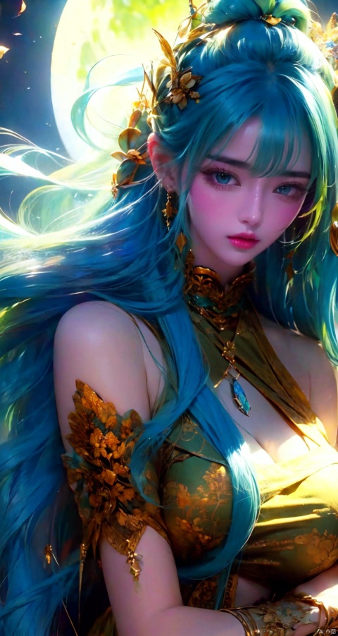  masterpiece, best quality, full_moon, in a meadow, {{{huge_filesize}}}, girl, fairy, blue hair, absurdly long hair, green hair, blunt bangs, eyelid pull , green eyes, bracelet, shackles,