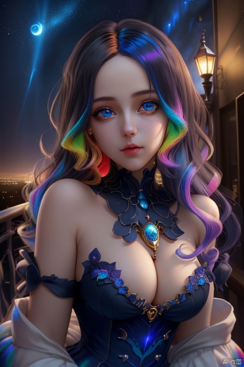  masterpiece, best quality, 1girl, colorful, colorful_hair, highest detailed, detailed gorgeous face, detailed_eyes, (light in eyes), ray_tracing, night_sky, Dreamy Atmosphere, cosplay, detailed_background, middle_breasts, Hourglass body shape