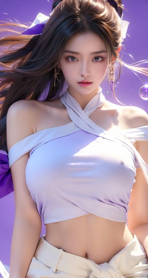  ,likeg,1girl,(purple bow:1.4),white pants,midriff,long hair,straight_hair,simple clothes,(sleeveless:1.3),(light shoulder:1.6),(simple background:1.3),masterpiece,best quality,32k uhd,insane details,intricate details,hyperdetailed,hyper quality,high detail,ultra detailed,Masterpiece, (\yan yu\), Hourglass body shape, Many bubbles, greendesign