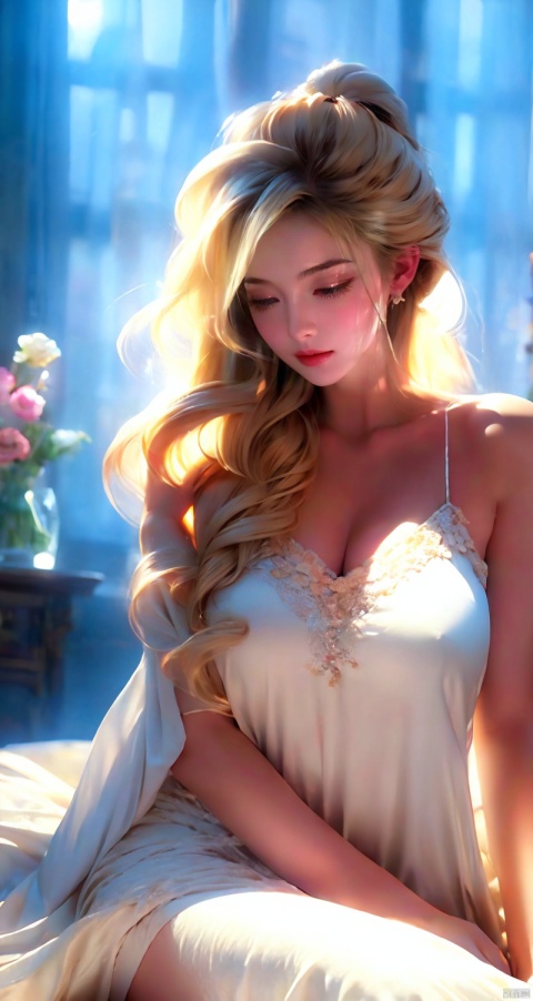 1girl, solo, looking away, very long hair, blonde hair, hair between eyes, aqua eyes, blonde eyelash, medium breasts, nightgown, white nightgown, long dress, in doors, bedroom, sitting, open mouth, half-closed eyes, sleepy, yawning, carpet, books, vase, window, bed, bed sheet, sunlight, lens flare, covering, lens flare, backlighting, see through silhouette, dutch angle, from above, bestquality
