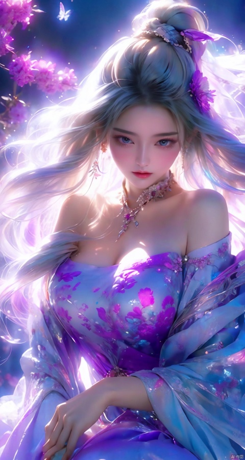 ((4k,masterpiece,best quality)), professional camera, 8k photos, wallpaper 1 girl, solo,purple hair,ethereal fairy, floating on clouds, sparkling gown with iridescent butterfly wings, holding a magic wand, surrounded by dancing fireflies, twilight sky, full moon, mystical forest in the background, glowing mushrooms, enchanted flowers, softly illuminated by bioluminescence, serene expression, delicate features with pointed ears, flowing silver hair adorned with tiny stars, gentle breeze causing her dress and hair to flow ethereally, dreamlike atmosphere, surreal color palette, high dynamic range lighting, intricate details, otherworldly aesthetic. , hand
