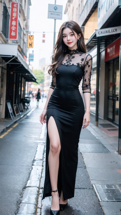  ((Best quality, 8k, Masterpiece :1.3)), 1girl, smiling, full body, slim face, Pretty woman, (Dark brown hair), full length dress :1.1, Ultra-detailed face, Detailed eyes, Double eyelid, blur background, slim face, city, outside, street, 1 girl