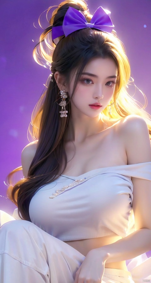  ,likeg,1girl,(purple bow:1.4),white pants,midriff,long hair,straight_hair,simple clothes,(sleeveless:1.3),(light shoulder:1.6),(simple background:1.3),masterpiece,best quality,32k uhd,insane details,intricate details,hyperdetailed,hyper quality,high detail,ultra detailed,Masterpiece, (\yan yu\), Hourglass body shape, Many bubbles, greendesign