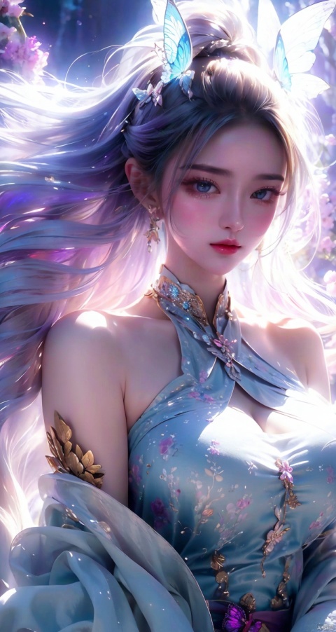 ((4k,masterpiece,best quality)), professional camera, 8k photos, wallpaper 1 girl, solo,purple hair,ethereal fairy, floating on clouds, sparkling gown with iridescent butterfly wings, holding a magic wand, surrounded by dancing fireflies, twilight sky, full moon, mystical forest in the background, glowing mushrooms, enchanted flowers, softly illuminated by bioluminescence, serene expression, delicate features with pointed ears, flowing silver hair adorned with tiny stars, gentle breeze causing her dress and hair to flow ethereally, dreamlike atmosphere, surreal color palette, high dynamic range lighting, intricate details, otherworldly aesthetic. , hand
, 1 girl
