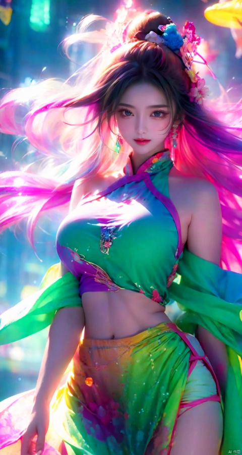  best quality, masterpiece, cowboy_shot,(Good structure), DSLR Quality,Depth of field,kind smile,looking_at_viewer,Dynamic pose, Colorful Girl, 1Girl,Colorful jellyfish, colorful jellyfish floating in the air,Close shot, large jellyfish on head, front, upper body, above thighs, blue tank top dress, complex fluid shaped colored short skirt at waist, off shoulder, colorful print, looking at the camera, colored gradient hair, dark gradient background, depth of field, glow, hand101, 1girl, jiangli , , Hourglass body shape, Many bubbles, greendesign