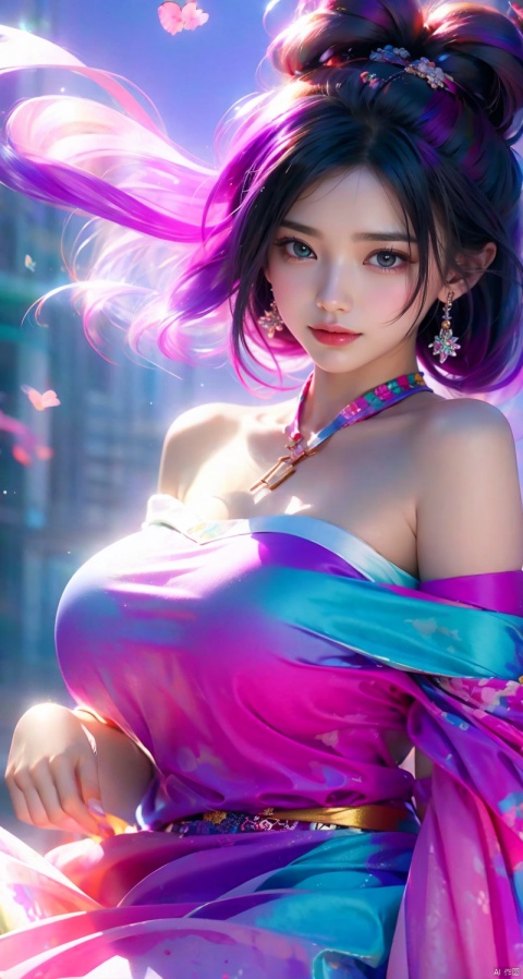 Colorful Girl, 1Girl,Colorful bubbles, multi colored bubbles,Close up, sideways, upper body, above buttocks, off the shoulder, strapless dress, black thin suspender, looking at the camera, short hair, purple gradient hair, gradient background,