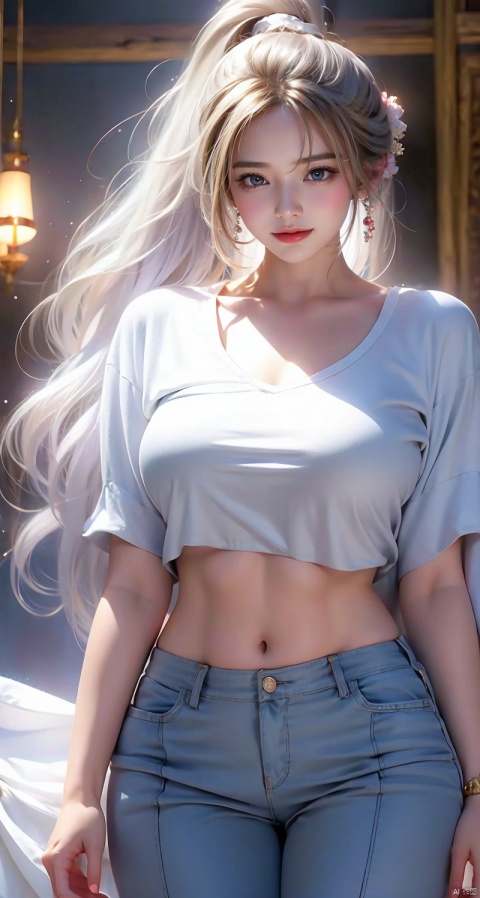  1girl, solo, long hair, breasts, looking at viewer, blush, smile, bangs, blue eyes, large breasts, shirt, cleavage, jewelry, medium breasts, closed mouth, standing, collarbone, white shirt, ponytail, white hair, short sleeves, thighs, cowboy shot, indoors, arms up, cup, grey eyes, covered navel, no pants, arms behind head, side slit, contrapposto, drinking straw