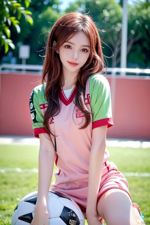  1girl,Full body image,sports shoes,long legs,pink hair, kind smile,looking_at_viewer, , (perfect body),(Soccer uniform: 1.6) (Soccer field: 1.5), futuaner,blackpantyhose,miniskirt,smile,long hair,bokeh,realistic,blurry, captivating gaze,natural light, shallow depth of field, romantic setting, dreamy pastel color palette, whimsical details, captured on film,. (Original Photo, Best Quality), (Realistic, Photorealistic: 1.3), Clean, Masterpiece, Fine Detail, Masterpiece , Ultra Detailed, High Resolution, (Best Illustration), (Best Shadows), Complex, Bright light,
, jinchen
