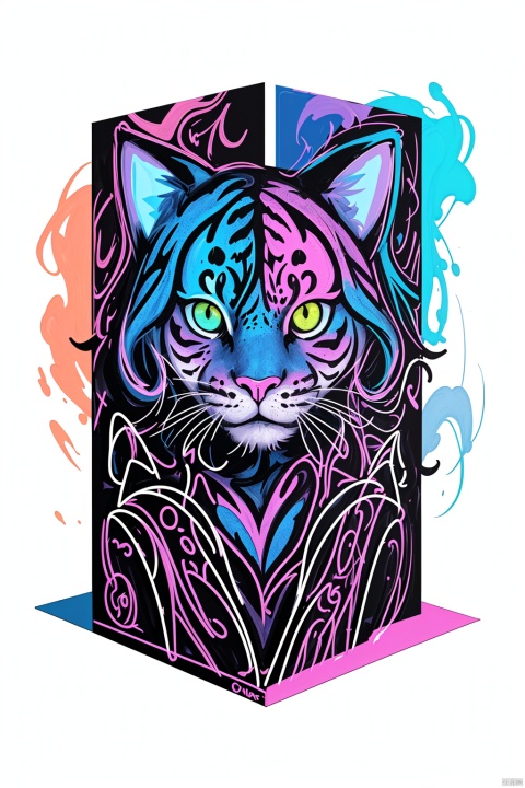 (((Vibrant))) abstract picture, 2D flat ornate sketch, psychedelic, ornates, ornates, ornates, popup art, big cat 😺 silhouette, full covered neon multicolor paint, painted, dynamic holand angle