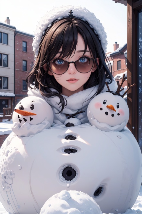 photo r3al, detailmaster2, masterpiece, photorealistic, 8k, 8k UHD, best quality, ultra realistic, ultra detailed, hyperdetailed photography, real photo, cool snowman, sunglasses, winter, photorealistic, 8k, realistic eyes, detailed face, upper body, facing viewer, outdoors, daylight, (closeup),beautiful traditional headdress