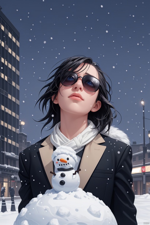 A man, wearing a blazer, in the winter, in a sad city, looking up at the sky as snow is falling,1photo r3al, detailmaster2, masterpiece, photorealistic, 8k, 8k UHD, best quality, ultra realistic, ultra detailed, hyperdetailed photography, real photo, cool snowman, sunglasses, winter, photorealistic, 8k, realistic eyes, detailed face,