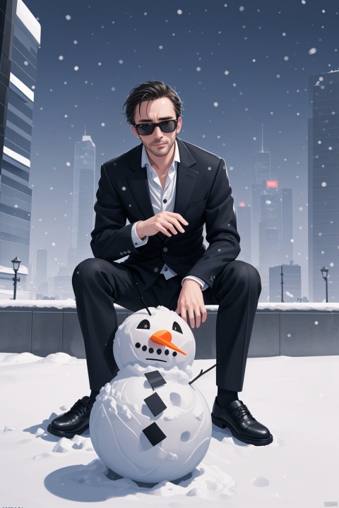 A man, wearing a blazer, in the winter, in a sad city, looking up at the sky as snow is falling,1photo r3al, detailmaster2, masterpiece, photorealistic, 8k, 8k UHD, best quality, ultra realistic, ultra detailed, hyperdetailed photography, real photo, cool snowman, sunglasses, winter, photorealistic, 8k, realistic eyes, detailed face,