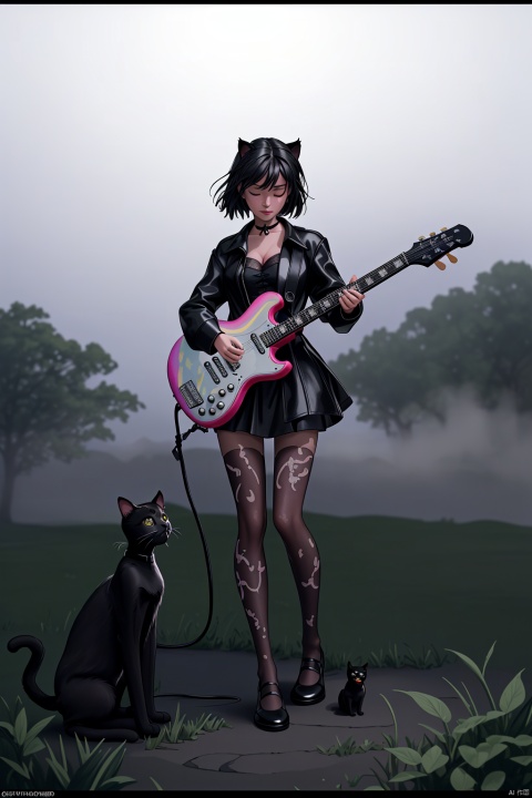 realistic detailed image, ((full body, the black cat plays the guitar)), lilligant, [sunny iridescence on dew drops], epic, cinematic photography with a clear focus, 16k hdr, volumetric lighting, depth of field, hyperrealism of fog and haze, bright colors and textures, unique patterns of nature as an artist, very stunning landscapes