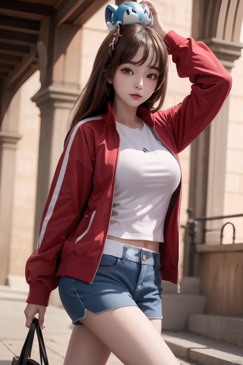 reed (arknights), 1girl, solo,blcck eyes,track jacket, shorts,large breasts, squirtle on head, best quality, amazing quality, very aesthetic, absurdres
