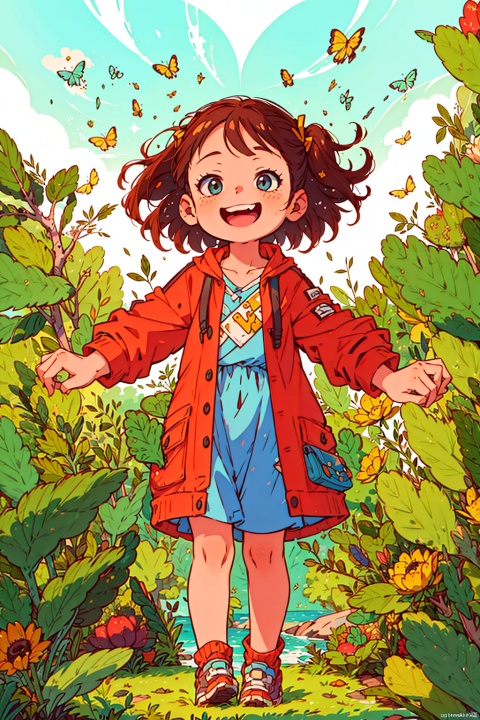 kids illustration,The girl stood in the sea of flowers, laughing happily, and the sunshine was just right
