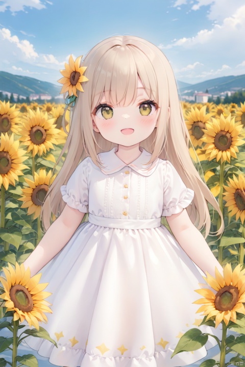 (masterpiece), (best quality), illustration, super detailed, hdr, depth of field, (color), flower, 1girl, solo, sunflower, outdoor, dress, powder blusher, open_mouth, long_hair, smile, sky, cloud, bangs, hairflower, looking_at_viewer, girl