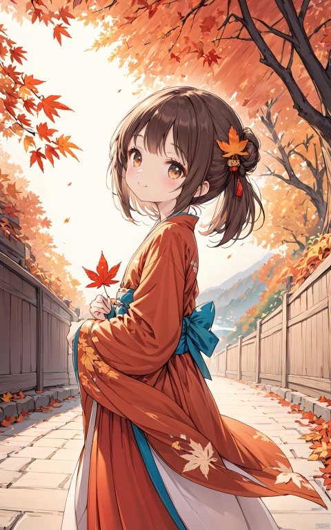 (Masterpiece), (best quality), illustrations, ultra detailed, HDR, depth of field, (color), loli, 1 girl, solo, maple leaf, autumn leaf, embrace, smile, leaf, embrace leaf, look at the audience, blurry, Hanfu girl, head tilted,