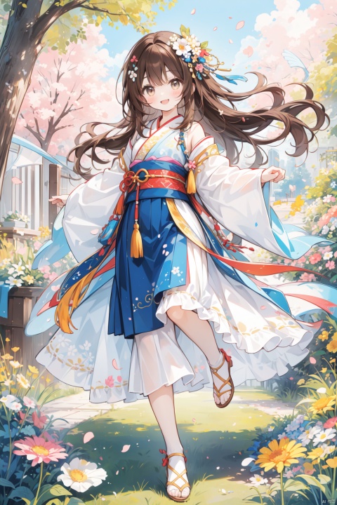 Masterpiece, high-resolution, with added details, clarity enhancement, detail enhancement, full body portrait, cute girl, (Hanfu), (thin gauze skirt), (light colored skirt), happy smile, (brown hair), sunny, brown big eyes, in the flower bushes, bright eyes, flower hair accessories, petals dancing, outdoors, on the grass