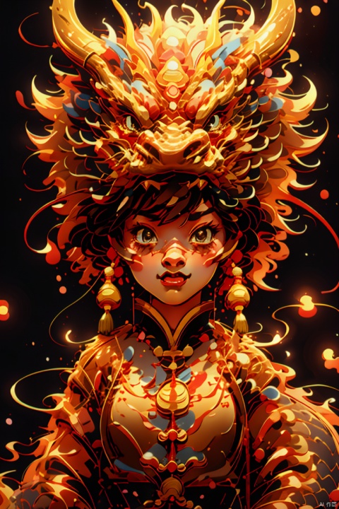 Animation, girls, Chinese clothing, dragon head ornaments, big eyes, powder blusher, fantasy, mythical creatures, vitality, high resolution, gold tone, traditional patterns (\xing he\), (\long yun heng tong\), (\long wang ga ma\), 