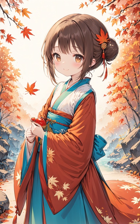 (Masterpiece), (best quality), illustrations, ultra detailed, HDR, depth of field, (color), loli, 1 girl, solo, maple leaf, autumn leaf, embrace, smile, leaf, embrace leaf, looking at the audience, blurry, Hanfu, bun, simple hair accessories, bracelet, Hanfu, slanted head