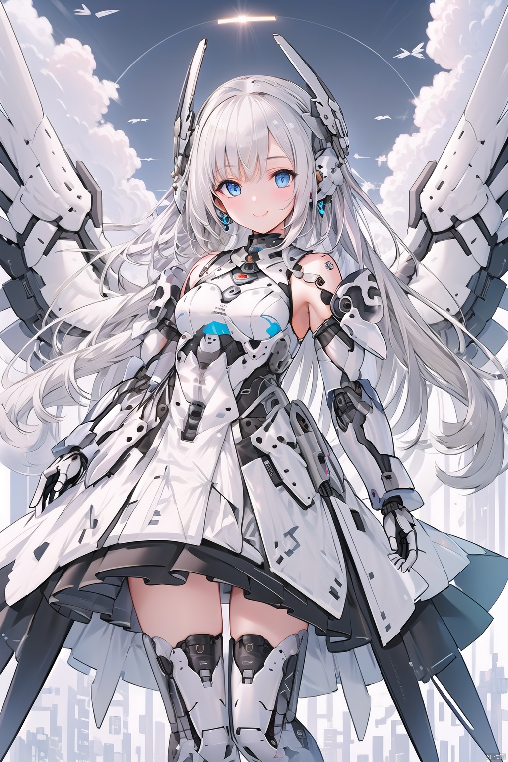  Masterpiece, best quality (illustration), cute detail face, 1 girl, solo, long_ Hair, white hair, blue eyes, dress, boots, mecha, robot joints, single robot arm, headgear, mechanical wings with vertical takeoff and landing fans, black and white dress, gray wings, mechanical wings, mechanical ears, detailed background, beautiful sunrise, orange sky, pink clouds, golden rays, hair, magic, scenery,smile, robot girl