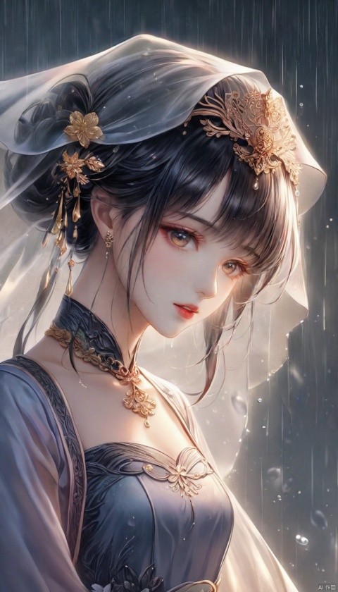 Anime style,hanfu style,A serene Hanfu-clad beauty stands beneath the soft glow of misty rain, her raven tresses flowing like the gray veil enveloping her. Delicate jewels adorn her porcelain complexion, and parted lips beckon the viewer's gaze. The intricate traditional Chinese design of her dress is subtly framed by blurred raindrops in the background, creating a harmonious fusion of nature and elegance., anhei