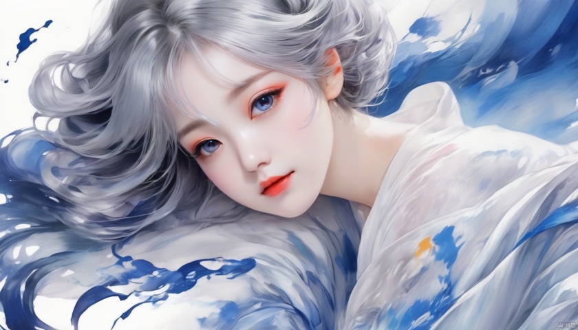  Anime style,hanfu style,[mod::0], 9-year-old girl, [ flaxen : silver : 0.01 ] short hair wavy, flat but not flat, ((blue:1.01) in grey:1.0) eye, multicolored eyes, covering one eye,
[dre::0], [naked], [ink petal censor], spilling ink on delicate back, [ink on hair], [ink on face], [pos::0], vivid, finger gun, [stg::0], white background, (spilling ink:1.2), ink stain, [cam::0], from behind, [eye focus], [eff::0], detailed fingers, detailed hands, waterpaint, flat color, (high contrast), [anime coloring], by Gil Elvgren,
