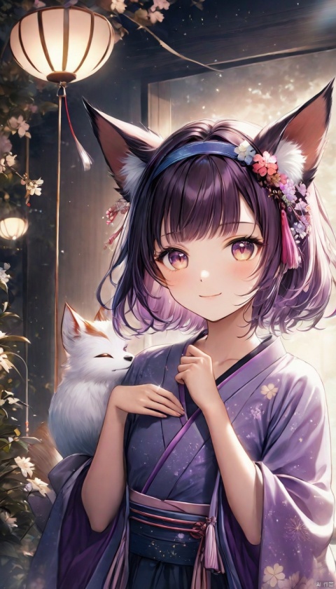 A whimsical anime-inspired scene: a solo 1girl with vibrant purple hair and gradient bangs, adorned with animal ears featuring fluffy fox ear fluff. She gazes directly at the viewer, her slit pupils shining bright, while her closed mouth hints at a playful smirk. Her short brown hair is styled with a hairband, framing her face. A kimono with floral print wraps around her upper body, complete with a subtle collarbone definition. Her hands are raised in a paw-like pose, with a paw print subtly visible on the white background. The overall effect is enhanced by a blurred, dreamy atmosphere, inviting the viewer to step into this enchanting world of Japanese-inspired charm.