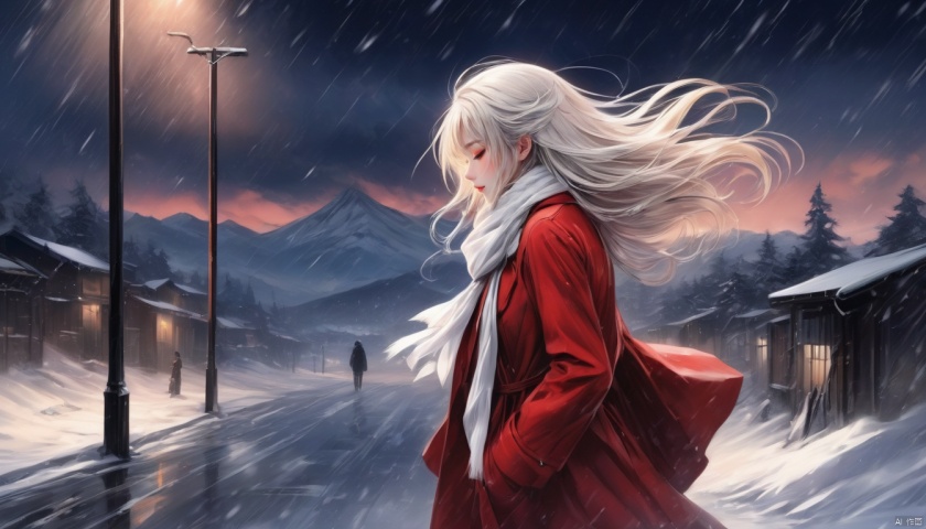 Anime style,In the snow all over the sky, a girl walking alone in the snow, wearing red thin
trench coat, with a white scarf, Bare legs, bare feet, Holding her body tightly, her head bowed, her eyes closed, her mouth pressed together, and she was
about to cry, Long white hair blows in the wind, The detailed and beautiful face
was depressed, step by step, behind is a series of footprints, the snow is very big, the biting
wind blowing her scarf, the distance is unbroken snow mountains, in this
evening, helpless forward.