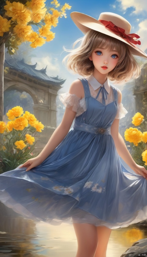  Anime style,[mod::0], solo, 9-year-old girl, flaxen short hair (messy), (flat but not flat), ((blue:1.05) in grey) eye, covering one eye, [dre::0], jacquard weave (yellow carnation bloom) pattern frilled white chiffon
dress, large hat, [pos::0], vivid, [stg::0], (riverbank:1.2), [stone bridge], [cam::0], cowboy shot, [eff::0], [idolmaster], [detailed hand], [detailed fingers], by Gil Elvgren, ,