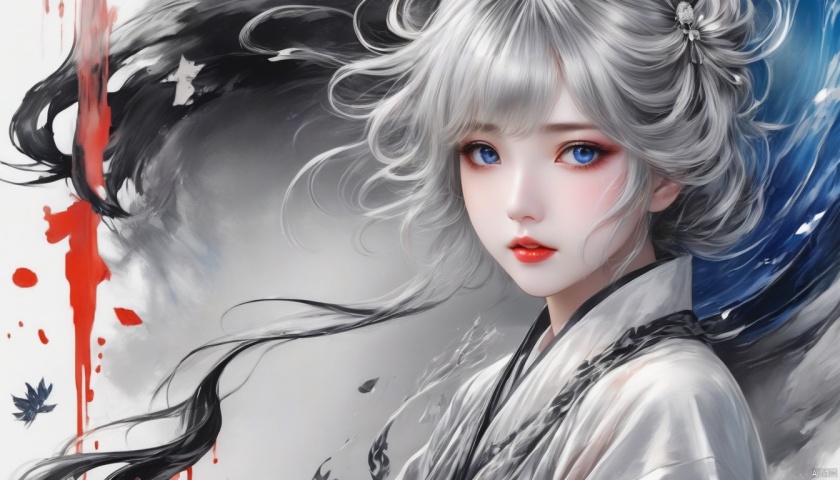  Anime style,hanfu style,[mod::0], 9-year-old girl, [ flaxen : silver : 0.01 ] short hair wavy, flat but not flat, ((blue:1.01) in grey:1.0) eye, multicolored eyes, covering one eye,
[dre::0], [naked], [ink petal censor], spilling ink on delicate back, [ink on hair], [ink on face], [pos::0], vivid, finger gun, [stg::0], white background, (spilling ink:1.2), ink stain, [cam::0], from behind, [eye focus], [eff::0], detailed fingers, detailed hands, waterpaint, flat color, (high contrast), [anime coloring], by Gil Elvgren,