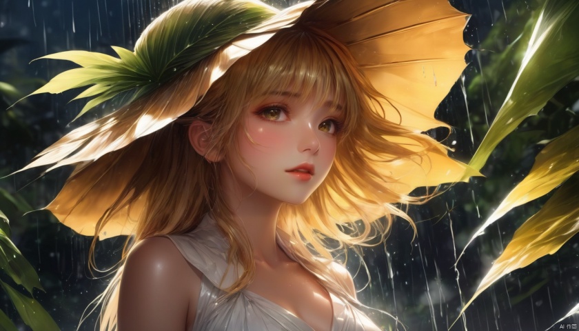  Anime style,(1 huge_Palm_leaf:1.3), ([1 huge_leaf_green_hat:floating huge leaf covered
girl:3]:1.3)
(1 girl under leaf), (rain)
/=
(detailed light), (an extremely delicate and beautiful), volume light, best shadow, flash, Depth of field, dynamic angle, Oily skin
standing, (yellow hair), (white dress)