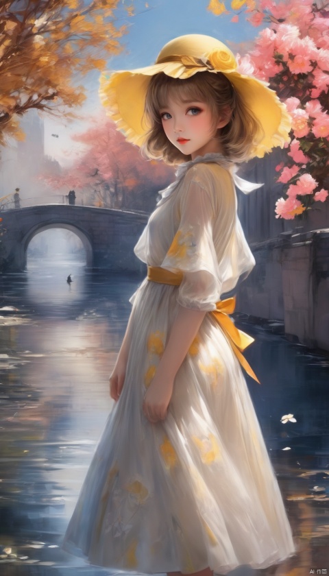  Anime style,[mod::0], solo, 9-year-old girl, flaxen short hair (messy), (flat but not flat), ((blue:1.05) in grey) eye, covering one eye, [dre::0], jacquard weave (yellow carnation bloom) pattern frilled white chiffon
dress, large hat, [pos::0], vivid, [stg::0], (riverbank:1.2), [stone bridge], [cam::0], cowboy shot, [eff::0], [idolmaster], [detailed hand], [detailed fingers], by Gil Elvgren, ,