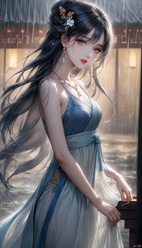 A Hanfu-clad beauty stands amidst a rainy scene, her long hair flowing like the misty atmosphere. A delicate necklace and hair ornament adorn her porcelain skin, with parted lips inviting the viewer's gaze. The dress she wears is a masterpiece of traditional Chinese design, subtly framed by the blurred raindrops in the background.