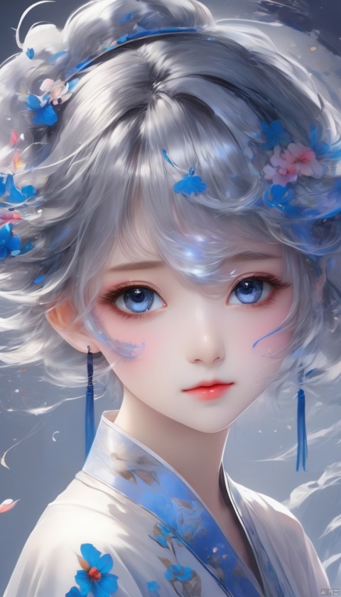  Anime style,hanfu style,[mod::0], 9-year-old girl, [ flaxen : silver : 0.01 ] short hair wavy, flat but not flat, ((blue:1.01) in grey:1.0) eye, multicolored eyes, covering one eye,
[dre::0], [naked], [ink petal censor], spilling ink on delicate back, [ink on hair], [ink on face], [pos::0], vivid, [stg::0], white background, (spilling ink:1.2), ink stain, [cam::0], from behind, [eye focus], [eff::0], flat color, (high contrast), [anime coloring],