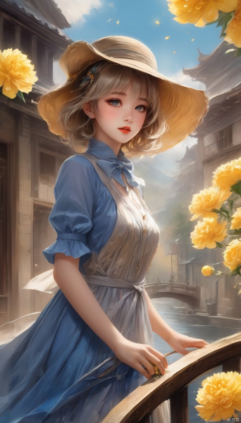  Anime style,(qingchun style:0.4)[mod::0], solo, 9-year-old girl, flaxen short hair (messy), (flat but not flat), ((blue:1.05) in grey) eye, covering one eye, [dre::0], jacquard weave (yellow carnation bloom) pattern frilled white chiffon
dress, large hat, [pos::0], vivid, [stg::0], (riverbank:1.2), [stone bridge], [cam::0], cowboy shot, [eff::0], [idolmaster], [detailed hand], [detailed fingers], by Gil Elvgren, ,