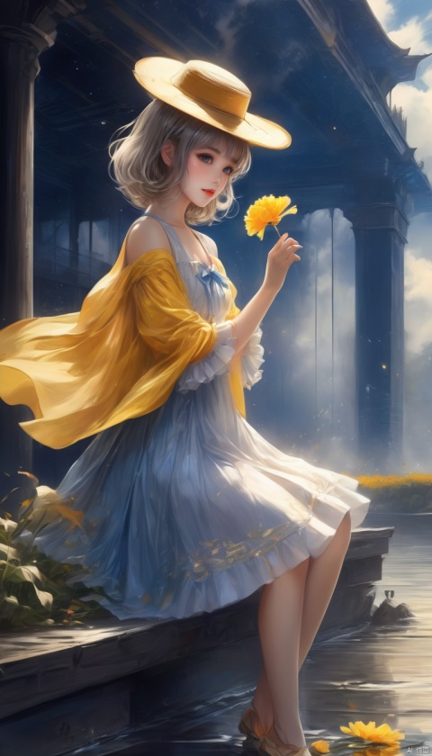  Anime style,[mod::0], solo, 9-year-old girl, flaxen short hair (messy), (flat but not flat), ((blue:1.05) in grey) eye, covering one eye, [dre::0], jacquard weave (yellow carnation bloom) pattern frilled white chiffon
dress, large hat, [pos::0], vivid, [stg::0], (riverbank:1.2), [stone bridge], [cam::0], cowboy shot, [eff::0], [idolmaster], [detailed hand], [detailed fingers], by Gil Elvgren, ,
