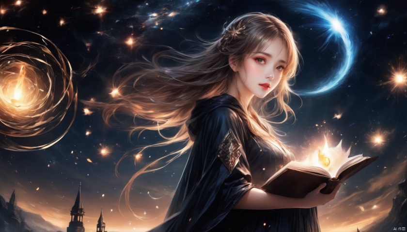  Anime style,(masterpiece:1.15), (extremely detailed CG unity 8k wallpaper:1.05), (finely
detail:1.1), (ultra-detailed:1.1), (exquisite illustrations:1.05), (best quality:1.05), (highres:1.05),(watercolor:1.05),fantasy, (an extremely delicate and
beautiful:1.05), cinematic lighting, volume lighting, bloom effect, light particles, (layering:1.05), (female focus:1.25), (1 girl:1.15), (very long silky hair:1.05), (medium breasts:1.05), (Wearing a black
cape:1.15), (Lantern in hand:1.15), (looking at viewer:1.05), (beautiful detailed
eyes and face:1.1), (the girl is holding an opened book),(Deranged stacking
space:1.15) , Space of confusion, (kaleidoscope:1.15), (The deranged staircase in
background:1.2), (library), (bookshelf:1.1), digitization, (Running rune:1.05), (runes in background:1.05), (floating candles,flying book pages), (floating
magic_circles and runes:1.25), (floating:1.15), (magic_circles and runes:1.15), (background:floating_ magic_circles:1.15), (beautiful detailed starry sky), (masterpiece:1.15), (extremely detailed CG unity 8k wallpaper:1.05), (finely
detail:1.1), (ultra-detailed:1.1), (exquisite illustrations:1.05), (best quality:1.05), (highres:1.05),(watercolor:1.05), (an extremely delicate and beautiful:1.05), cinematic lighting, volume lighting, bloom effect, light particles, (layering:1.05), (female focus:1.25), (upper body:1.15), (hip focus:1.15),