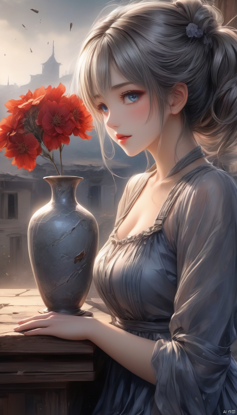  Anime style,(detailed light), (an extremely delicate and beautiful), (1 girl holdding vase and
flower)
(cowboy shot:1.3)
(from side:1.25), (1 loli:1.2), grey hair, (messy braid ponytail), (wearing old
ripped dress), (long grey dress), frills, (Smile, hope, sunshine:1.2), (solo), (blue
eyes:1.2), (Detailed beautiful eyes, lively eyes), (sitting), table
volume light, best shadow, flash, Depth of field, dynamic angle, Oily skin
(looking at vase), (1 Detailed vase), (red flower inside of vase), (Detailed and
beautiful), (Holdding vase)
(outdoors, Earthquake debris, cracked ground, collapsed houses in the distance, grey sky, smoky)