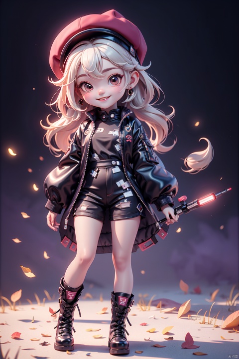  (Masterpiece), (High Quality), (full Body), (Little Girl), (Smiling), Pale Skin, Purple Red Eyes, Black Coat, ((red hat)), Black Little Shoes and Boots, Left Hand Holding Flashlight, 3D Rendering, Exquisite, Detailed






, 3d stely