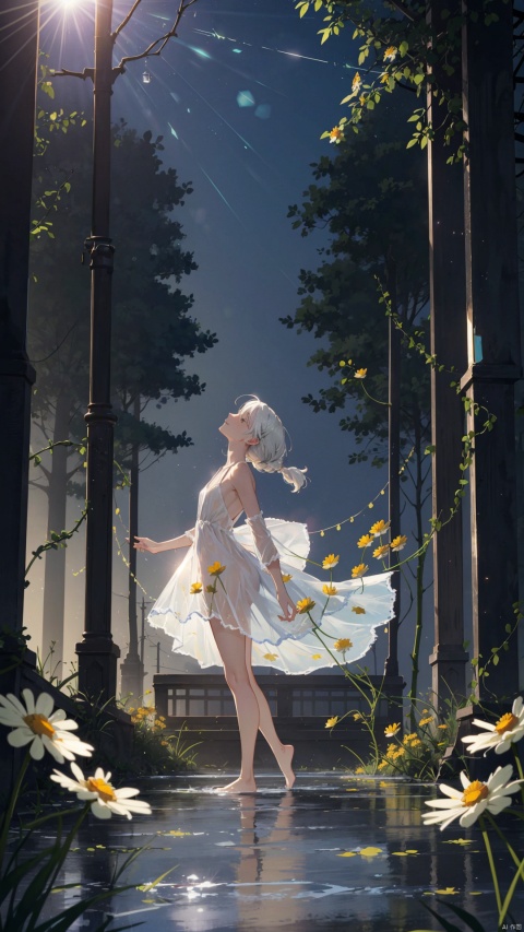  yellow theme,the setting sun,(((Chamomile))),Chamomile,cornflower,vines,forest,ruins,lens flare,hdr,Tyndall effect,damp,wet,1girl,bare shoulders,broken glass,broken wall,white hair,white dress,closed mouth,constel lation,flat color,braid,blinking,white robe,float,closed mouth,constel lation,flat color,looking up,standing,medium hair,standing,solo, liquid clothes