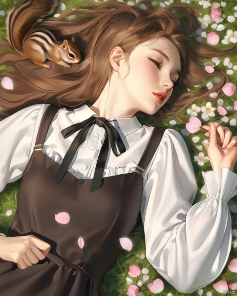  (best quality), ((masterpiece)), (highres), illustration, original, extremely detailed, 1girl, lying, on back, solo, brown hair, long hair, closed eyes, parted lips, shirt, white shirt, ribbon, neck ribbon, lips, long sleeves, animal, dress, black ribbon, flower, squirrel, realistic, upper body, petals