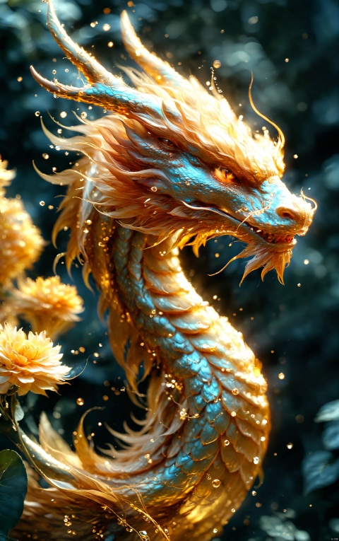  "Sword Spirit", 3D, magical realism, shallow depth of field, environmental occlusion, mighty and domineering golden dragon, frontal angle, healing breeze, golden light, Mandarin, flower, JMLong